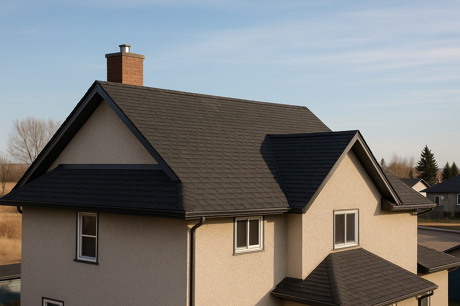 Newly shingled roof on an Edmonton home under a clear prairie sky
